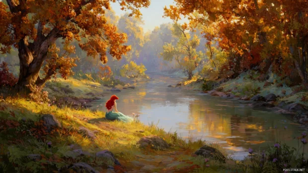 A peaceful autumn riverbank where Ariel sits surrounded by colorful trees and soft golden sunlight.