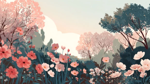 A peaceful garden scene with blooming flowers and soft tones creating a soothing atmosphere.