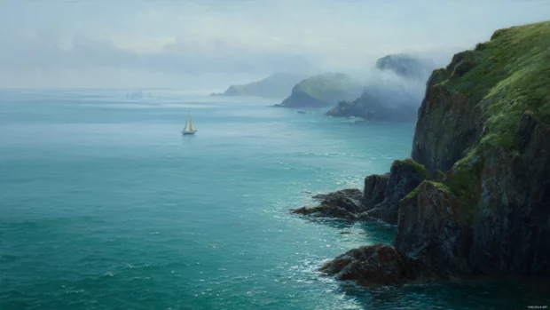 A peaceful morning by the ocean with misty cliffs, calm turquoise water, and distant sailboats gliding smoothly.