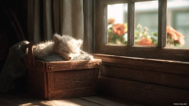 A peaceful morning where a Cute Baby Animal curls up inside a wooden basket near a sunlit window, creating a warm and gentle vibe.