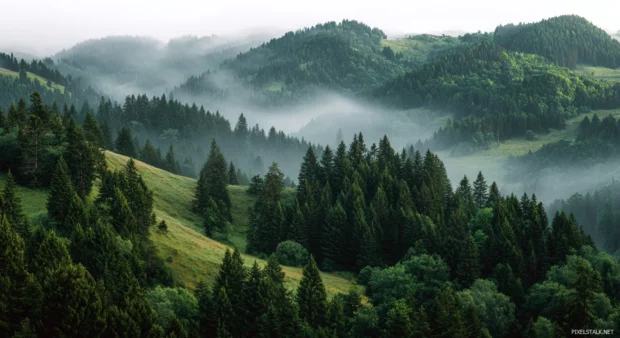 A peaceful nature desktop wallpaper filled with serene pine forests and soft, rolling hills enveloped in morning mist, inviting tranquility.