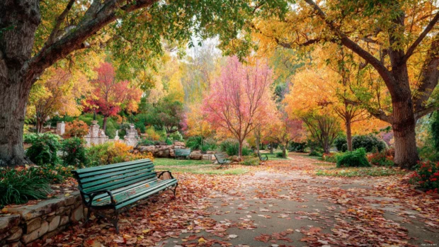 A peaceful park in peak autumn displays a dreamy landscape with benches under colorful canopies of leaves.