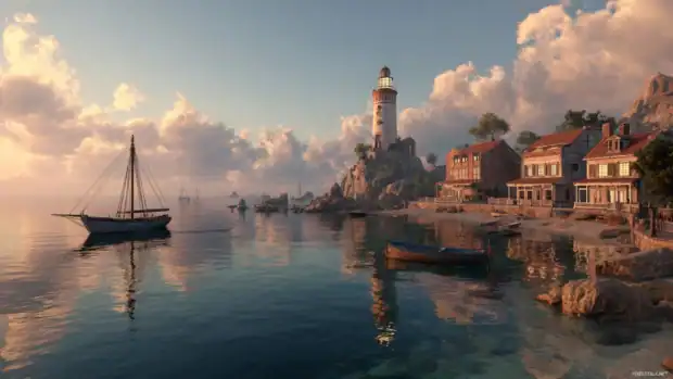A peaceful seaside village with a bright lighthouse guiding boats through calm ocean waters at dawn.