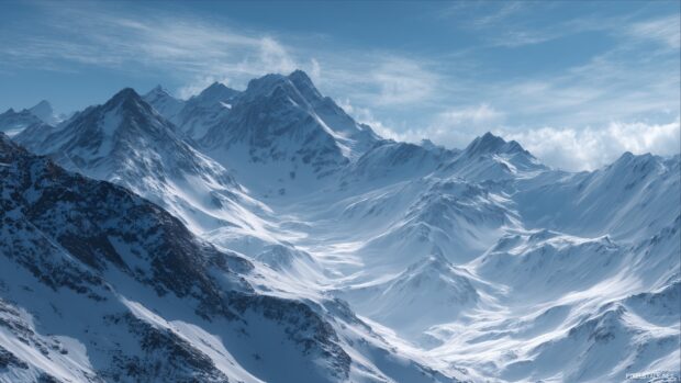 A picturesque snowy mountain wallpapers HD showcasing towering peaks blanketed in snow under a clear blue sky.
