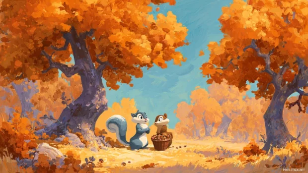 A playful autumn afternoon where Chip and Dale are gathering acorns under bright orange trees.