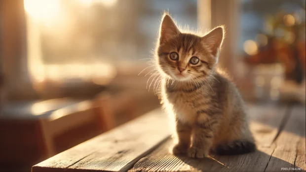 A playful kitten in golden hour light sitting on a wooden desk with baby animal desktop wallpaper hd vibe, pastel tones and heartwarming mood.