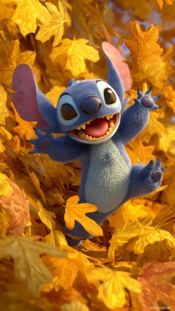 A playful scene with Stitch jumping into a pile of bright Fall leaves, his blue fur contrasting the golden surroundings.