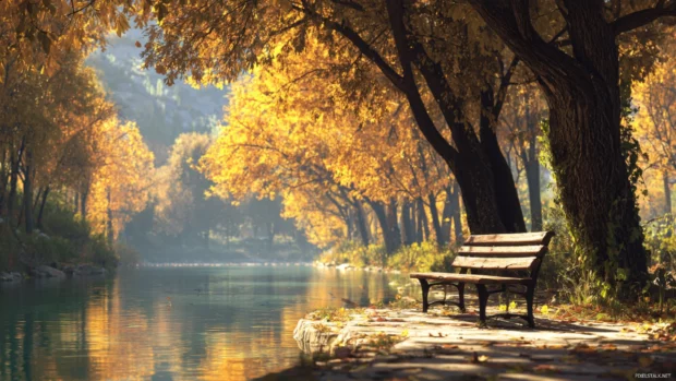 A quiet Fall riverside bench under tall trees with golden reflections on the water, 3D atmospheric art.