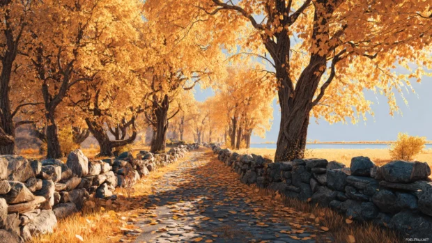 A scenic Fall riverside path lined with golden trees and stone fences, created in vivid 3D illustration.