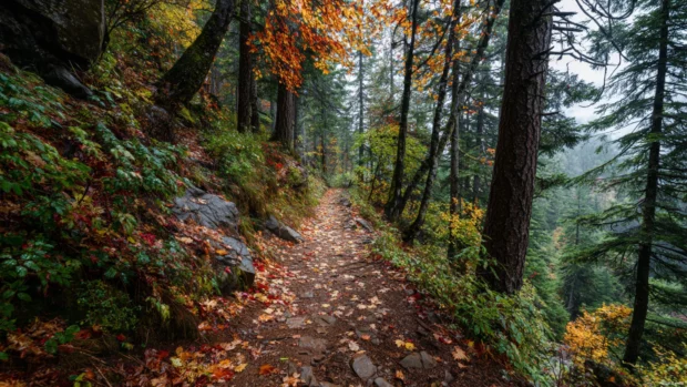 A scenic mountain trail winding through dense Fall trees with leaves carpeting the pathway.