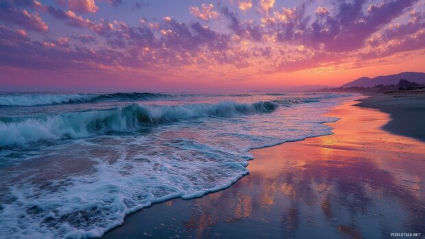 A serene beach scene with soft waves and a colorful sky at dusk, beach hd wallpapers for desktop.