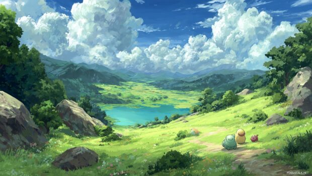 A serene landscape with Pokémon in their natural habitat, perfect as a HD wallpaper.