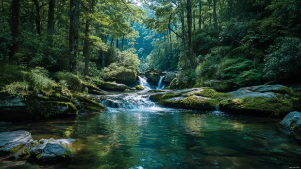 A serene nature wallpaper featuring vibrant green forests, cascading waterfalls, and a bright blue sky, perfect for desktop backgrounds.
