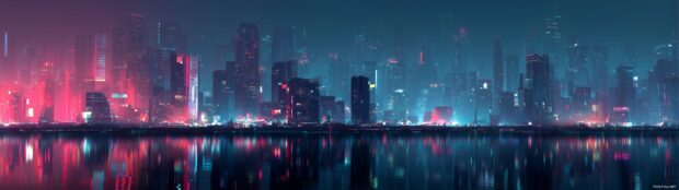 A sleek futuristic cityscape at night with neon lights, designed for a triple monitor experience.