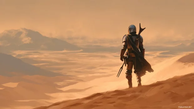 A stoic Mandalorian guardian standing on desert dunes in a star wars.