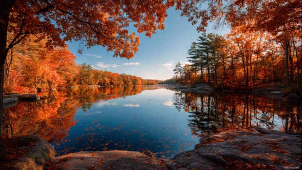 A stunning fall scenic wallpaper showing a quiet lakeside surrounded by orange foliage and blue sky reflections.