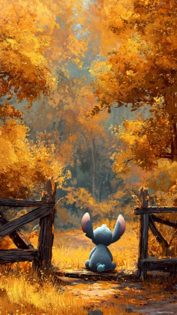 A sweet Fall scene with Stitch sitting on a wooden fence, gazing at the golden forest stretching out before him.