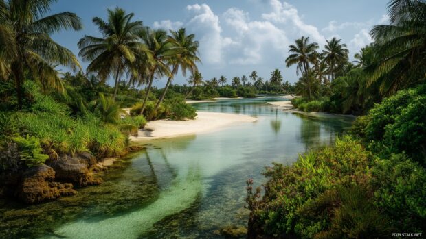A tranquil lagoon surrounded by lush greenery and soft sands, high resolution beach hd wallpapers.