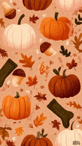 A vertical pattern of cute pumpkins and warm autumn elements with a soft aesthetic mood.