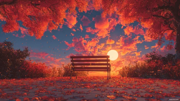 A vibrant 3D scene showing a park bench covered in Fall leaves under a glowing sunset sky.