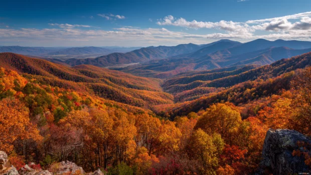 A vibrant Autumn mountain landscape with forests glowing in orange, red, and yellow under a bright blue sky.