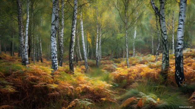 A vibrant birch woodland backgrounds during autumn with colorful foliage.