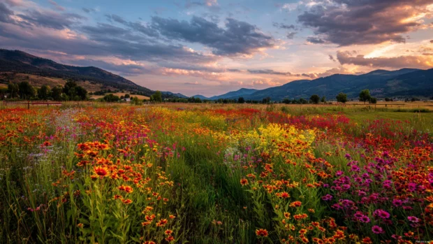 A vibrant field of Autumn flowers stretching toward the mountains in the distance under a soft sunset sky.