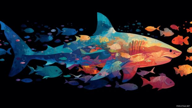 A vibrant shark desktop wallpaper featuring a school of colorful fish alongside a large shark.