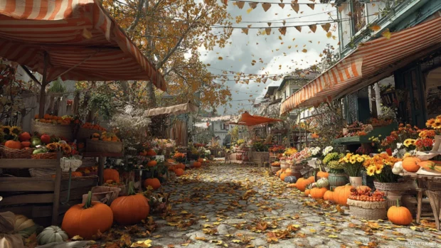 A vibrant street market in Beautiful Autumn with pumpkins, seasonal flowers, and golden leaves scattered everywhere.