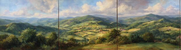 A vintage landscape painting of rolling hills and fields, harmonizing beautifully across three screens.
