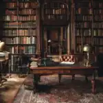 A vintage library scene capturing the essence of classic literature and rich wooden furniture, ideal for a timeless desktop background