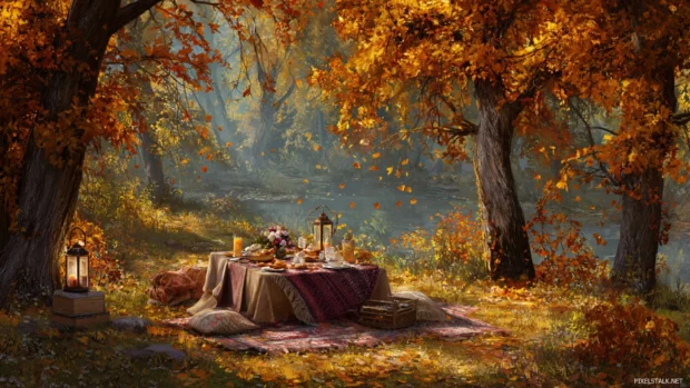 A warm and cozy picnic scene under Beautiful Autumn trees with leaves floating gently in the breeze.