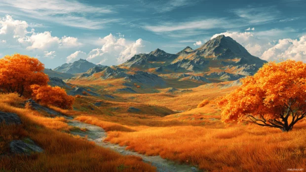 A wide open Fall meadow with distant mountains, rolling hills and vivid orange trees in detailed 3D illustration.