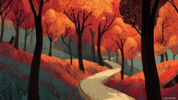 A winding forest trail during Fall season filled with orange and red hues in a stylized vector art style.
