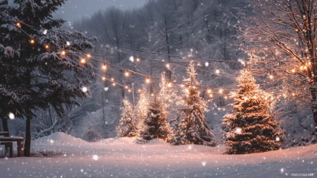 A winter wonderland with snow covered trees and warm lights, featuring xmas wallpapers free download.