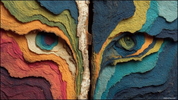 Abstract birch bark backgrounds with swirling patterns and vibrant colors.