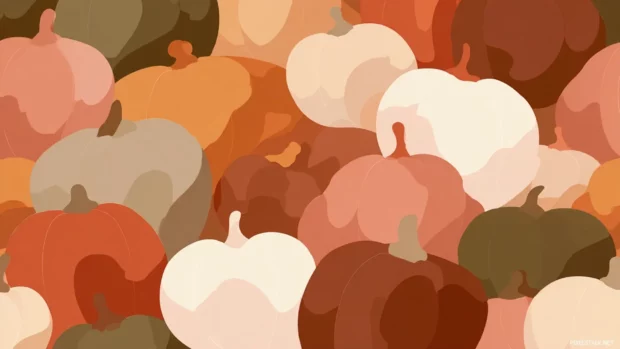 Abstract pumpkin shapes with muted fall colors forming a rhythmic tile wallpaper.