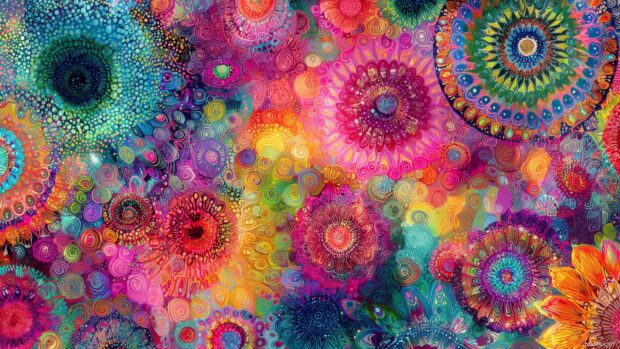 Abstract trippy wallpaper, Intricate mandalas exploding with vivid colors and dynamic patterns.