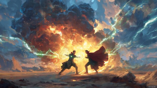 Action scene wallpaper for desktop, A dynamic clash between two powerful heroes in a dramatic landscape, surrounded by explosive energy and swirling winds.