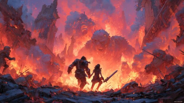 Action scene wallpaper for desktop, A heroic duo charging into battle against fearsome monsters, amidst a backdrop of flaming ruins and chaos.