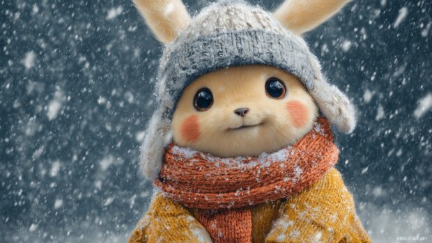 Adorable Pikachu wallpapers featuring Pikachu bundled up in winter gear surrounded by snowflakes.