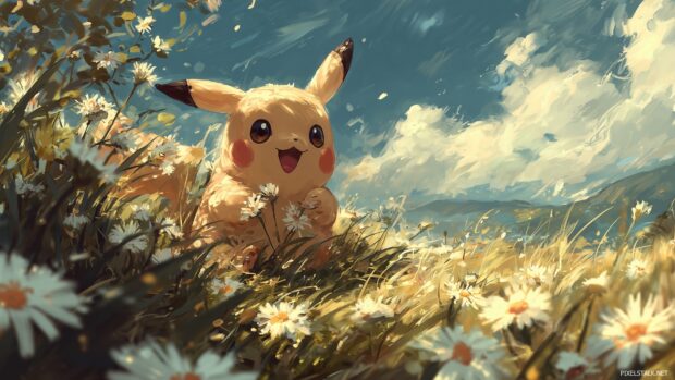 Adorable Pikachu wallpapers showcasing Pikachu playing with flowers in a sunny meadow.