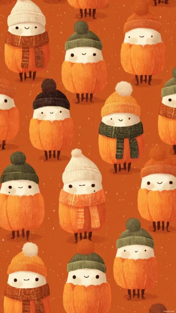 Adorable pumpkin characters wearing tiny hats and scarves in a charming repeating layout.