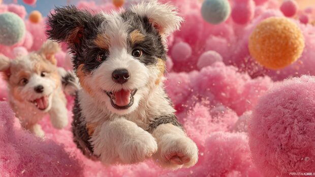 Adorable puppy wallpapers capturing a vibrant, surreal world where puppies float on clouds.