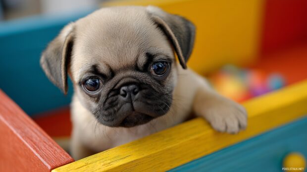 Adorable puppy wallpapers illustrating a curious pug exploring a colorful toy chest.