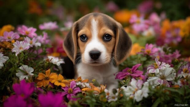 Adorable puppy wallpapers showcasing a small beagle surrounded by colorful flowers.