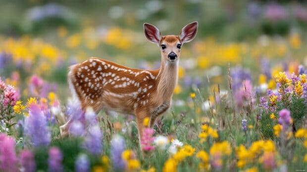 Adorable wildlife desktop backgrounds, A picturesque scene of a baby deer standing gracefully among blooming flowers in a serene meadow.