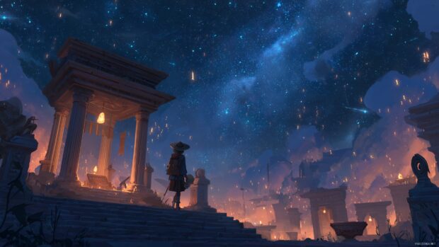 Adventure wallpaper for desktop, A brave adventurer exploring an ancient temple, filled with mysterious artifacts and glowing runes, under a starry sky.
