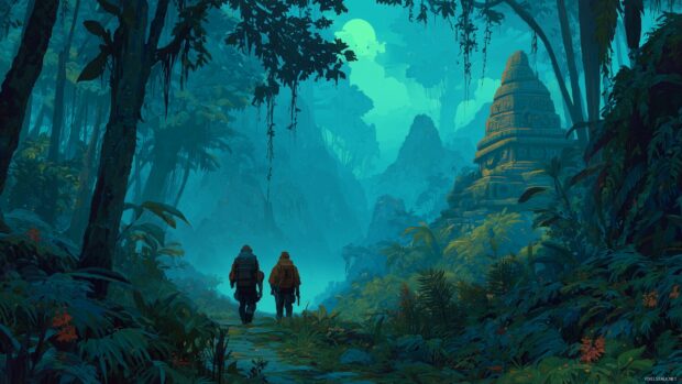 Adventure wallpaper for desktop, A team of explorers navigating through a mysterious jungle, discovering ancient ruins and hidden treasures amidst lush foliage.