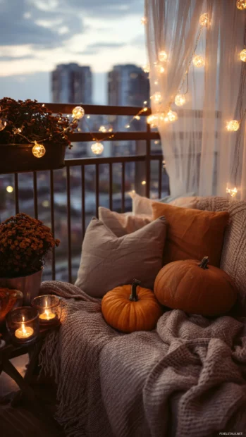 Aesthetic Cozy Autumn balcony decorated with fairy lights, small pumpkins, and soft blankets in the crisp air.